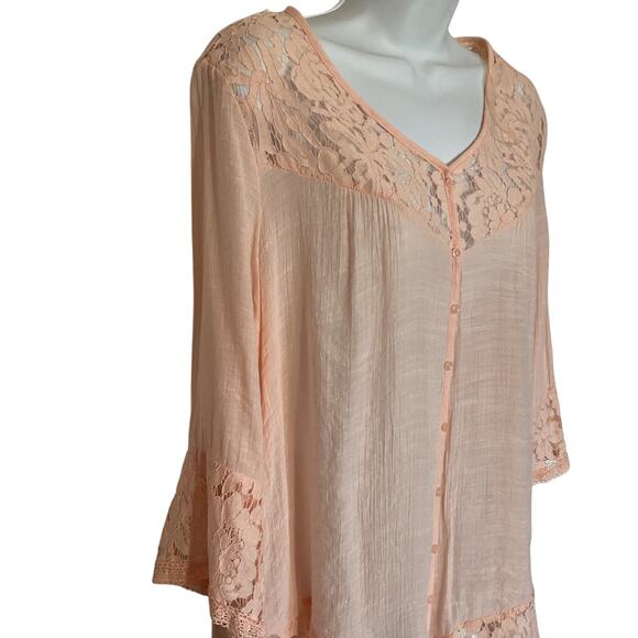 Zac & Rachel Peach Crochet Trim Semi Sheer Boho/Peasant Top Sz M - Picture 3 of 8